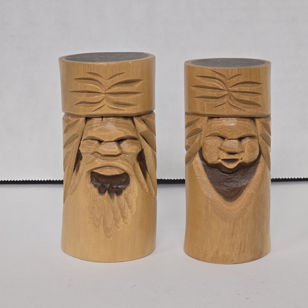 Vntg Ainu Wood Carving Kokeshi Couple Made In Japan, Solid Wood 4.25"X2.25 dia